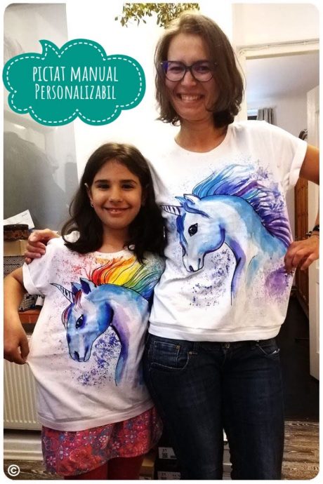 set tricouri mama fiica pictat manual cu unicorni