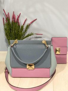 set geanta si portofel office din piele naturala roz gri bleu